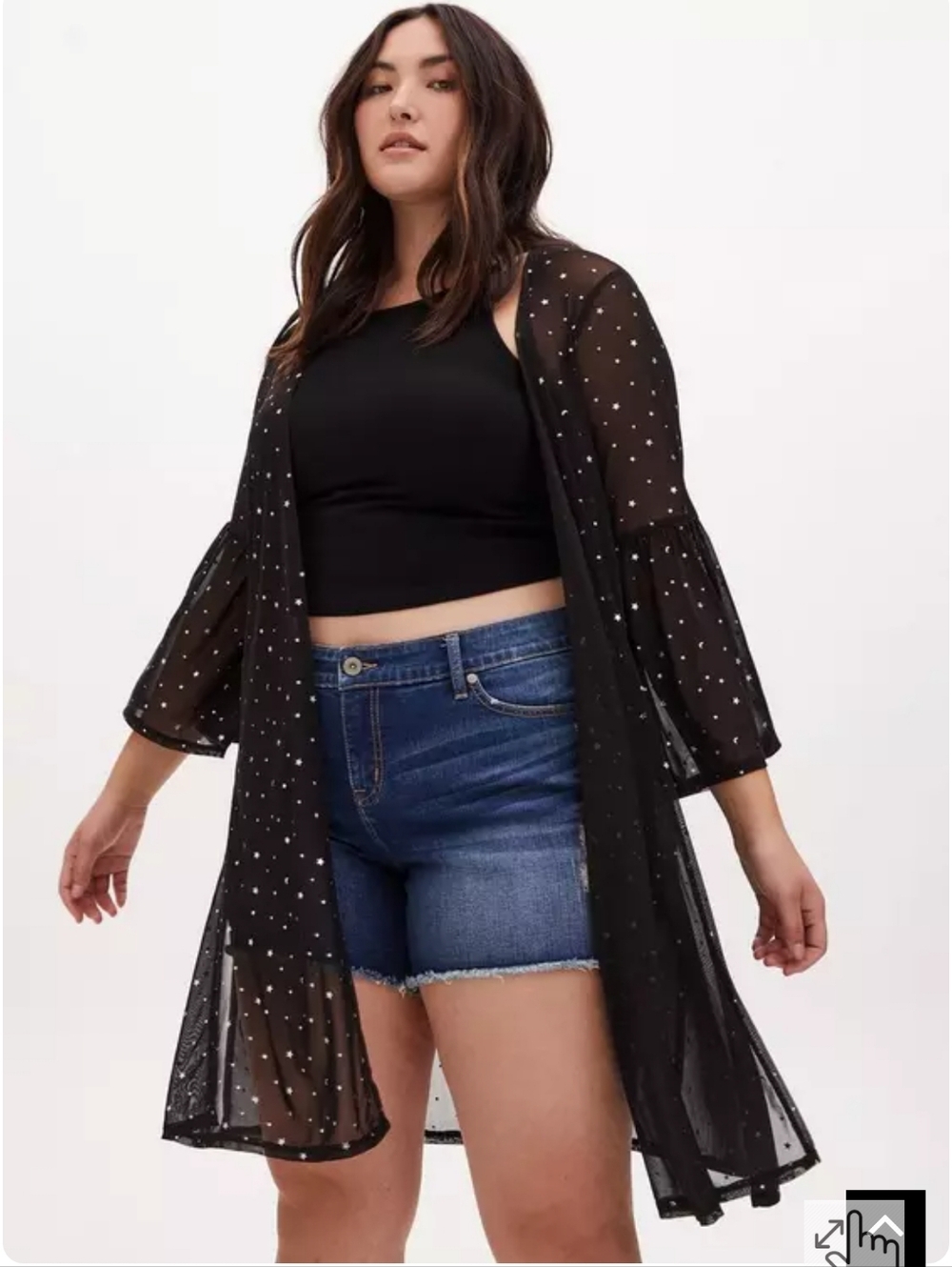 NWOT DEADSTOCK TORRID Black Mesh & Iridescent Star Bell Sleeve Longline Kimono - Picture 2 of 9